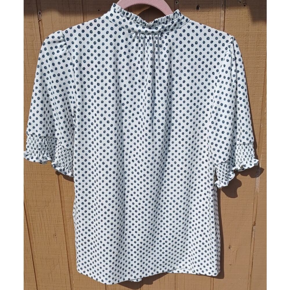 New Adrianna Papell M Ivory Black Dot Tie Neck Smocked Sleeve Blouse Romantic - Picture 3 of 9